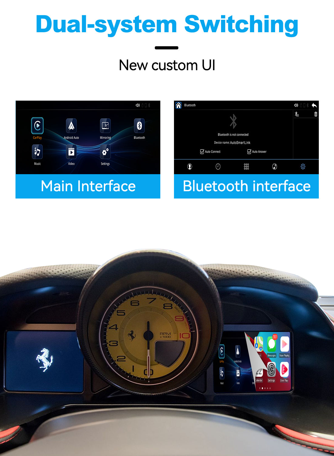 (WZFR-3)JoyeAuto Wireless Apple Carplay AirPlay Android Auto Mirror-Link Interface for Ferrari 488 F12 Plug and Play